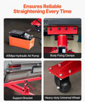 Collage of 6T Auto Body Frame Puller Straightener with air pump, body clamps, support bracket, and wheel detail in use.