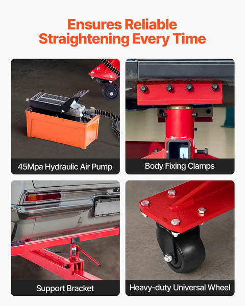 Collage of 6T Auto Body Frame Puller Straightener with air pump, body clamps, support bracket, and wheel detail in use.