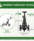Legit Top Tier Aluminum Golf Push Cart Three Wheel Lightweight Folding Caddie dimensions, unfolded and folded comparison.