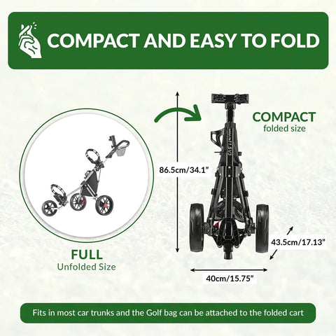 Legit Top Tier Aluminum Golf Push Cart Three Wheel Lightweight Folding Caddie dimensions, unfolded and folded comparison.