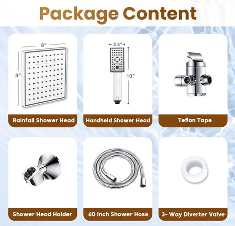 Package content of Dual Shower Heads System with 8 Inch Rain Shower Head, handheld spray, hose, bracket, diverter, and tape.