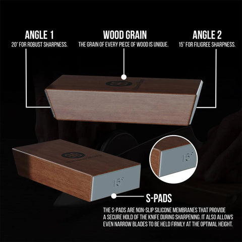 Rolling Knife Sharpener Kit With Diamond Stone And Magnetic Angle Guides For Kitchen Knives on a wood base showing angles and wood grain.