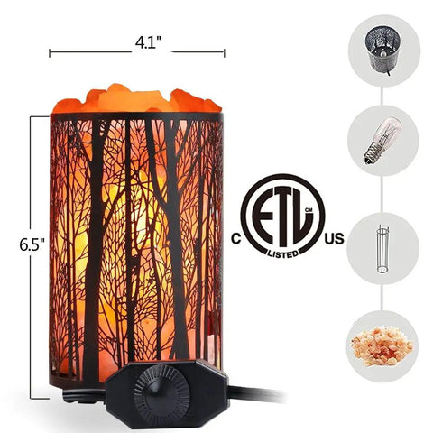 Himalayan Salt Lamp With Forest Design Metal Basket Natural Night Light With Dimmer Switch 25W Bulb Included ETL Cord Cozy Amber Glow