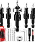 Professional Grade Tungsten Carbide Countersink Drill Bit Set With Adjustable Depth Stops For Slick Wood Countersinks And Hassle Free Flush Screw Installation 17 Piece kit with drill bits and accessories.