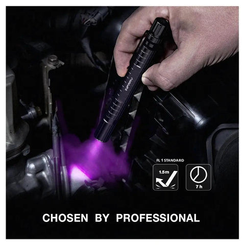 Pocket Size UV Black Light Flashlight With Zoomable 395 Nm Beam For Detecting Dog Urine And Dry Stains IPX5 Water Resistant Ultra Compact EDC Pen Light Powered By 2 AAA Batteries Great For Home Cleaning And Pet Proofing showing use in dark workspace