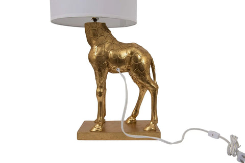 Distressed Gold Giraffe Table Lamp With White Linen Shade, Playful Resin Animal Accent Light, Cord Switch, 40W Max, 27.75 Inch Tall