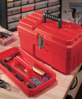 Heavy Duty 14-Inch Plastic Toolbox With Removable Tray, Steel Latch And Padlock Eye, Portable Tool Box For Tools, Crafts, Red on workbench