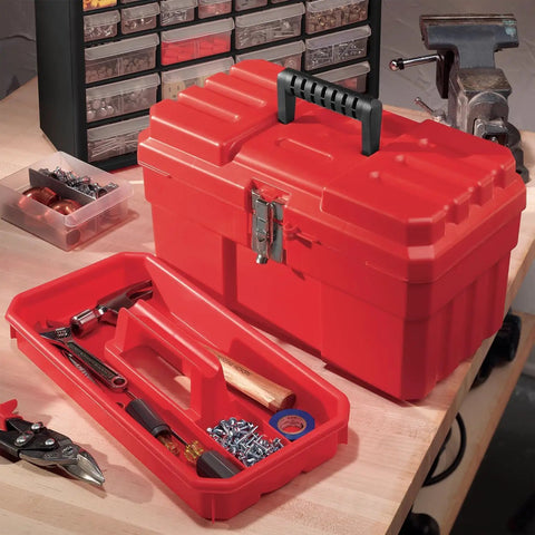Heavy Duty 14-Inch Plastic Toolbox With Removable Tray, Steel Latch And Padlock Eye, Portable Tool Box For Tools, Crafts, Red on workbench