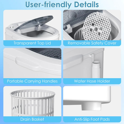 User-friendly features of Heavy Duty Portable Washing Machine With 5.5 Pound Capacity And Quick 110V Spin Cycle including top lid, drain basket, and handles.