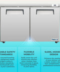 Heavy Duty Commercial Undercounter Freezer 60 Inch 14.1 Cu Ft Stainless Steel Led Lights Dual Doors ETL Certified with smooth design.