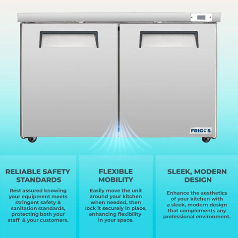 Heavy Duty Commercial Undercounter Freezer 60 Inch 14.1 Cu Ft Stainless Steel Led Lights Dual Doors ETL Certified with smooth design.