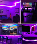 Rooms illuminated by 40ft Black Light Strip With 720 LEDs, Flexible Adhesive UV Glow Lit Neon Light for Halloween Parties and Displays.