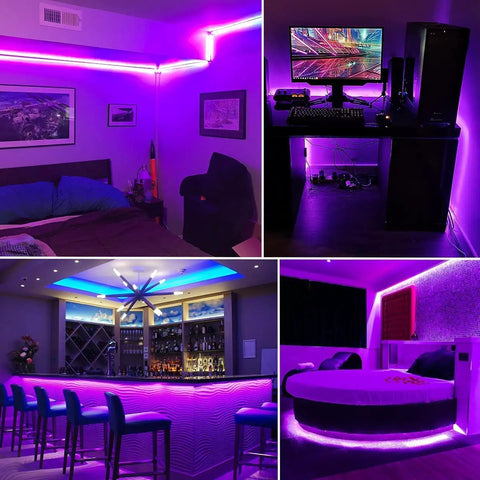 Rooms illuminated by 40ft Black Light Strip With 720 LEDs, Flexible Adhesive UV Glow Lit Neon Light for Halloween Parties and Displays.