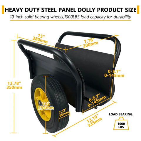 Beefy Heavy Duty Panel Dolly Slab Dolly With 10 Inch Solid Wheels And 1000 Pound Load Capacity, side view with dimensions