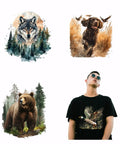 Four Hunting Animals Iron On Transfers Pack For Shirts And Hoodies, featuring wolf, bear, dog, duck designs, displayed on clothing.