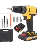 Rugged 21V Cordless Drill And 3 In 1 Impact Driver Kit Featuring Straight Shooting Accuracy Up To 1280 Rpm showcasing various drill bits and battery.