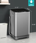 Lowkey Quiet Portable Washing Machine Full Automatic 2.0 Cubic Foot Compact Washer Grey dimensions with towels in background.