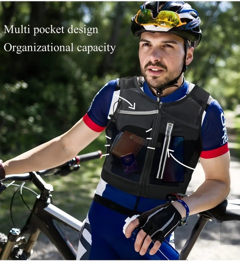Cyclist wearing Trail Running Hydration Pack with multi-pocket design and phone holder reflective trek vest for teens L size