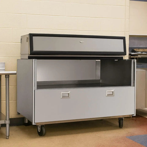 Rock Solid Double Sided Milk Cooler Built Tough For School Cafeterias featuring sliding doors and stainless steel design.