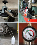Portable Pneumatic Brake Bleeder Kit For One Man Operation, Air Pressure System For Master Cylinder And Clutch Fluid Bleeding, Includes Collection Bottle, Adapters, And All Necessary Bleeding Tool Set shown in use and components displayed