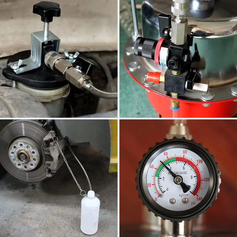 Portable Pneumatic Brake Bleeder Kit For One Man Operation, Air Pressure System For Master Cylinder And Clutch Fluid Bleeding, Includes Collection Bottle, Adapters, And All Necessary Bleeding Tool Set shown in use and components displayed