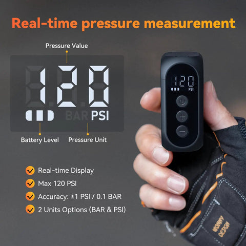 On-The-Go Mini Bike Pump With Gauge showing 120 PSI on digital display held in hand, highlighting real-time pressure measurement.