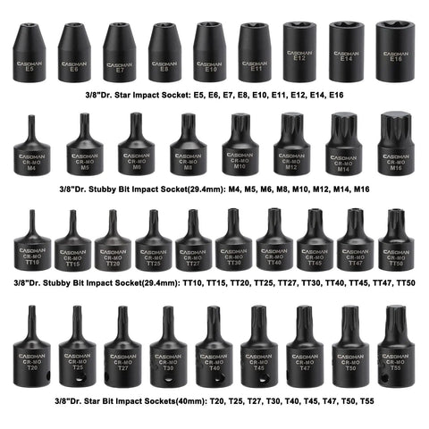 Three Eighths Inch Drive Impact Socket Set With Master Hex And Torx Bits Chromoly Steel SAE And Metric Impact Grade displayed