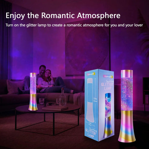 Color Changing Glitter Lamp USB Powered Mood Light For Bedrooms And Parties Teens And Kids Gift Floating Sequins Vibe Lamp Neon Decor For Adults And Youths next to its packaging in a dim-lit living room setting with a couple on the couch.