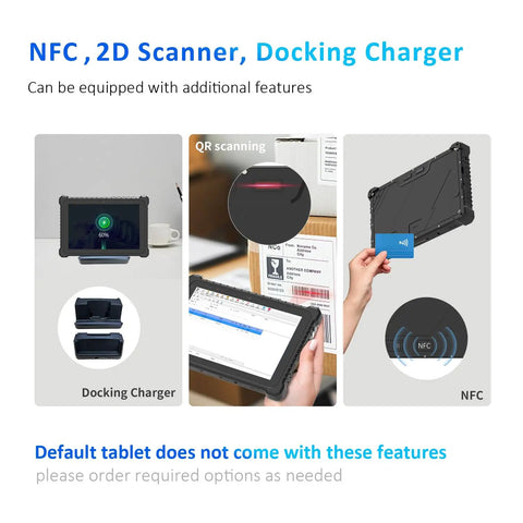 Heavy Duty 10.1 Inch Rugged Tablet Running Windows 11 Pro With Intel Core I5 Chipset showcasing NFC and 2D scanner features.
