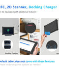 Built Like A Tank 10 1 Inch Rugged Tablet Running Windows 11 Pro with docking charger, NFC, and QR scanner features highlighted.