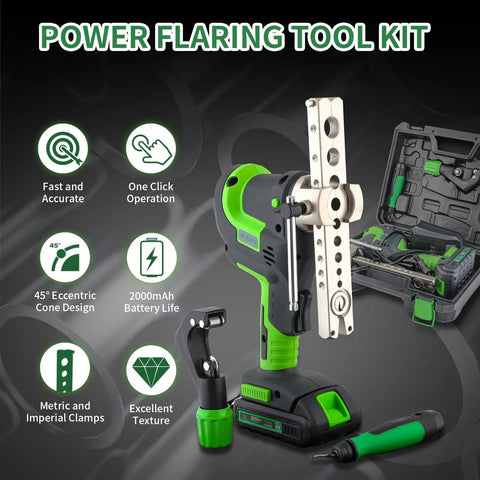 Heavy Hitter Electric Flaring Tool Kit For HVAC Pros Featuring Cordless Grunt And Butter Smooth Metric Imperial Clamps For Copper Tubing 45 Degree Flare Cone Rig