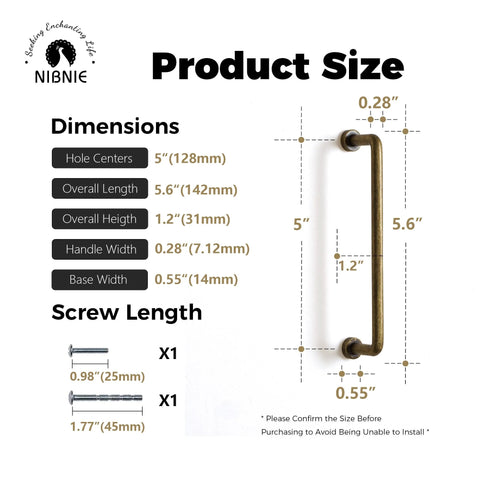 Dimensions of 10 Pack 5 Inch Center To Center Antique Brass Kitchen Cabinet Pulls with screw sizes and measurements, classic vintage design.