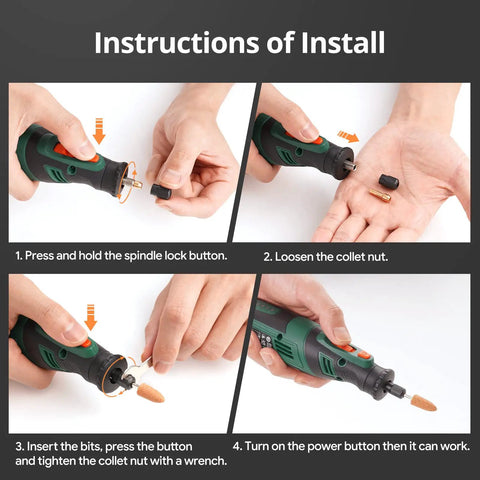 Installation steps for Beast Cordless Rotary Tool Kit With 8V 2.0Ah Rechargeable Battery, showing spindle lock and collet nut operation.