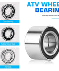 Front Left Or Right CV Axle And Wheel Bearing Kit For Four Wheeler Side By Side Top Shelf Replacement Parts With Double Lip Seals Slick Bolt On Mounting showing open bearing, rubber seal and iron seal.