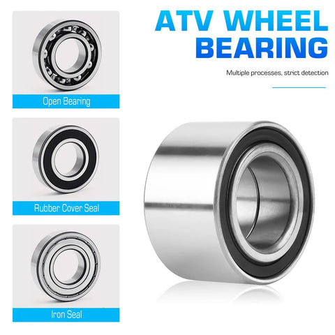 Front Left Or Right CV Axle And Wheel Bearing Kit For Four Wheeler Side By Side Top Shelf Replacement Parts With Double Lip Seals Slick Bolt On Mounting showing open bearing, rubber seal and iron seal.