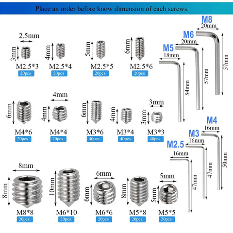 340 Piece Metric Set Screws Kit In 304 Stainless Steel, Allen Head Hex Socket Cone Point Set Screws, Internal Hex Drive Headless Grub Screws, Includes 6 Hex Wrenches, Heavy Duty Assortment For M2.5 To M8 Hardware And DIY Projects