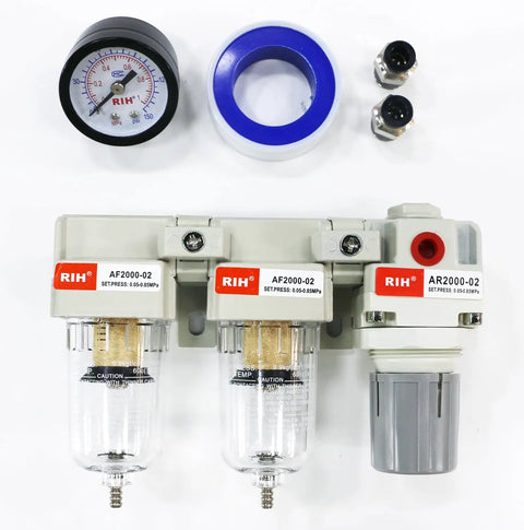 Beefed Up 3 In 1 Air Filter Regulator Combo with Double Five Micron Brass Elements, One Quarter Inch NPT, Water Separator