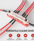 Heavy Duty 150A 12V Bus Bar With Cover, Dual Terminal Block For Car Boat Marine Solar Systems, 4 M6 Studs And 6 M4 Studs, 48V DC Ready, Keeps Wiring Clean And Safe, Black And Red, clear cover with red and black cables