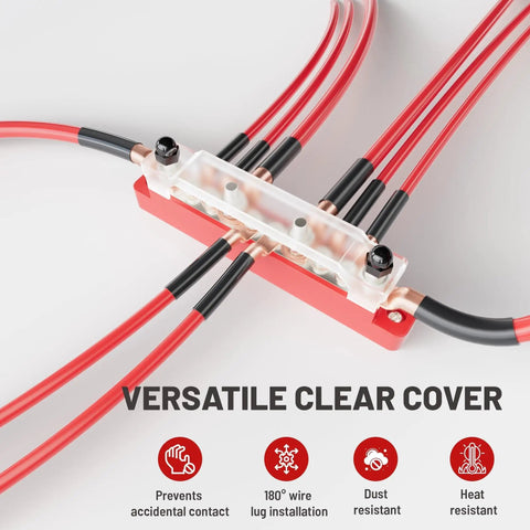 Heavy Duty 150A 12V Bus Bar With Cover, Dual Terminal Block For Car Boat Marine Solar Systems, 4 M6 Studs And 6 M4 Studs, 48V DC Ready, Keeps Wiring Clean And Safe, Black And Red, clear cover with red and black cables