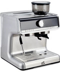Pro Grade Espresso Coffee Machine With Built In Grinder And 20 Bar Pump Featuring Fast Steam Milk Frother Wand, silver metal design.