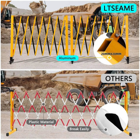 16Ft Industrial Expandable Barricade Gate With Wheels Heavy Duty Folding Security Gate For Outdoor Use Retractable Driveway Fence Aluminum Alloy 270 Degree Adjustable Yellow display comparison with other material gate in construction zone