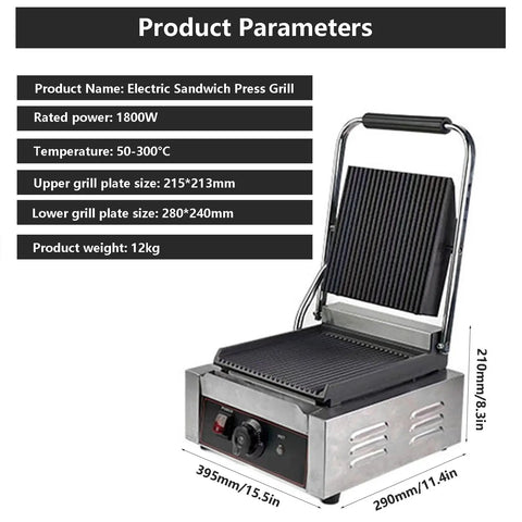 Heavy Duty Stainless Steel Commercial Electric Sandwich Grill And Bread Press Non Stick Double Sided Plates, 1800W, 12kg.