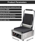 Premium Single Plate Electric Sandwich Press Grill With Grooved Non Stick Plates And Adjustable Heat Dial Up To 572 Degrees F shown with detailed specifications.