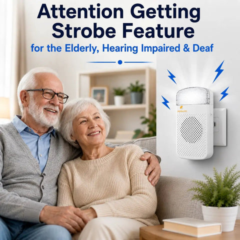 Wireless Doorbell Kit With Flashing Strobe For Hearing Impaired Homes And Busy Offices 1000 Ft Range in living room setting.