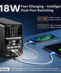 18W charging with USB Type A and Type C cables connected to 30V 10A Bench Power Supply With Encoder Knob Four Memory Presets OCP OVP Protection USB Type A And Type C Fast Charge Key Lock High Precision 0.001V 0.001A Display For Electronics Repair DIY Lab