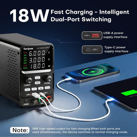 18W charging with USB Type A and Type C cables connected to 30V 10A Bench Power Supply With Encoder Knob Four Memory Presets OCP OVP Protection USB Type A And Type C Fast Charge Key Lock High Precision 0.001V 0.001A Display For Electronics Repair DIY Lab