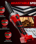 Cordless 1100W Brushless Braking Die Grinder With Three Level Variable Speed Up To 26000 RPM And One Quarter Inch Precision Chuck For Grinding Polishing And Drilling Compatible With 18V Batteries Battery Not Included shown with speed settings and materials