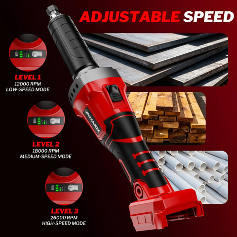 Cordless 1100W Brushless Braking Die Grinder With Three Level Variable Speed Up To 26000 RPM And One Quarter Inch Precision Chuck For Grinding Polishing And Drilling Compatible With 18V Batteries Battery Not Included shown with speed settings and materials