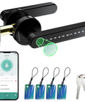 Smart Door Lock With Knob Keyless Entry Entry Handle Home Security Fingerprint Door Knob For Bedroom Front Door Or Apartment Generate Passcodes Remotely Black showing digital keypad, smartphone app, NFC cards, and keys.