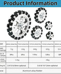 60mm Omni Wheel for Robotics product information with various wheel sizes and specifications, including aluminum alloy and rubber material details.